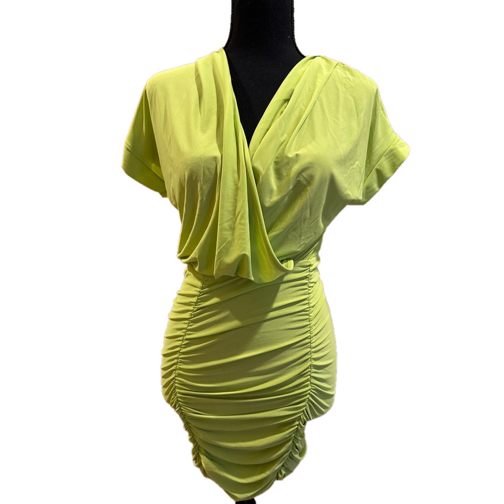 NWT NEON GREEN SHORT SLEEVE V NECK RUNCHED MINI DRESS